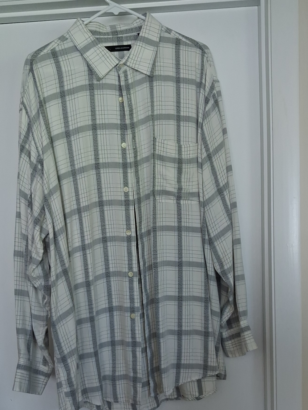 Greg Norman Collection White and Gray Plaid Button-Down Shirt